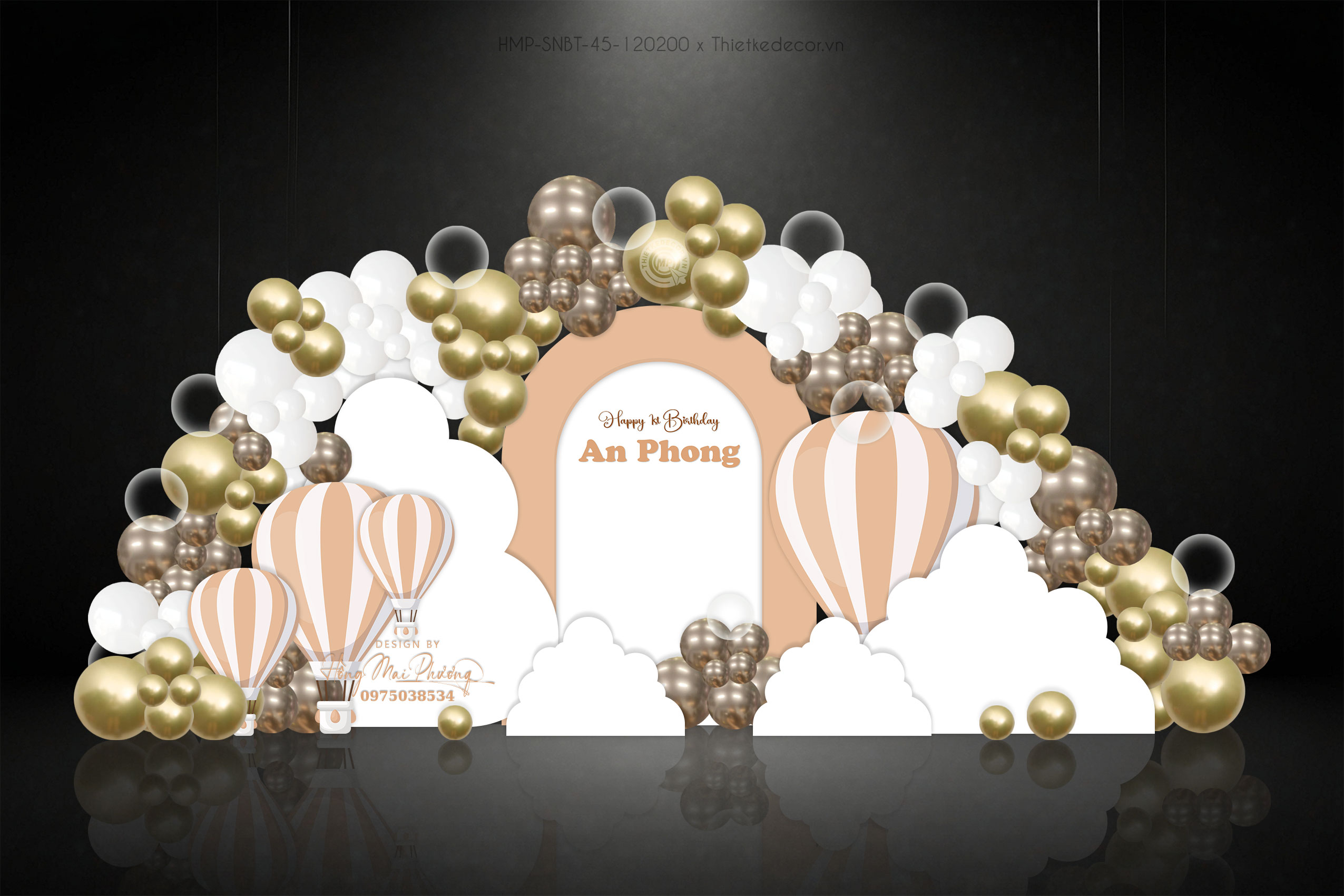 Sinh nhật bé trai chủ đề khinh khí cầu toen trắng - cam